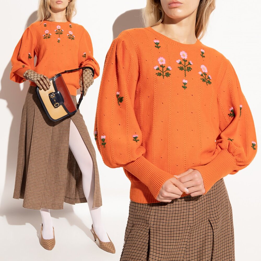 GUCCI SWEATER ORANGE WOOL BLEND FLORAL EMBROIDERED JUMPER sz XS EXTRA SMALL - Picture 5 of 16